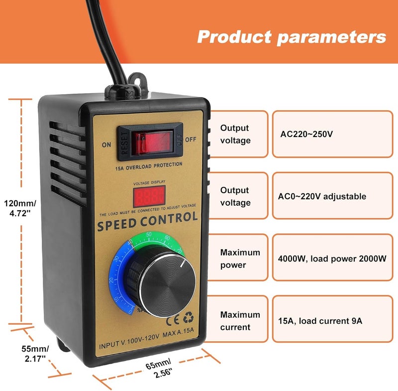 MakerHawk Fan AC Motor Speed Controller - 120V 15A 4000W Variable Speed Electric Motor Control Voltage Regulator with Overload Protection Switch - Image 4